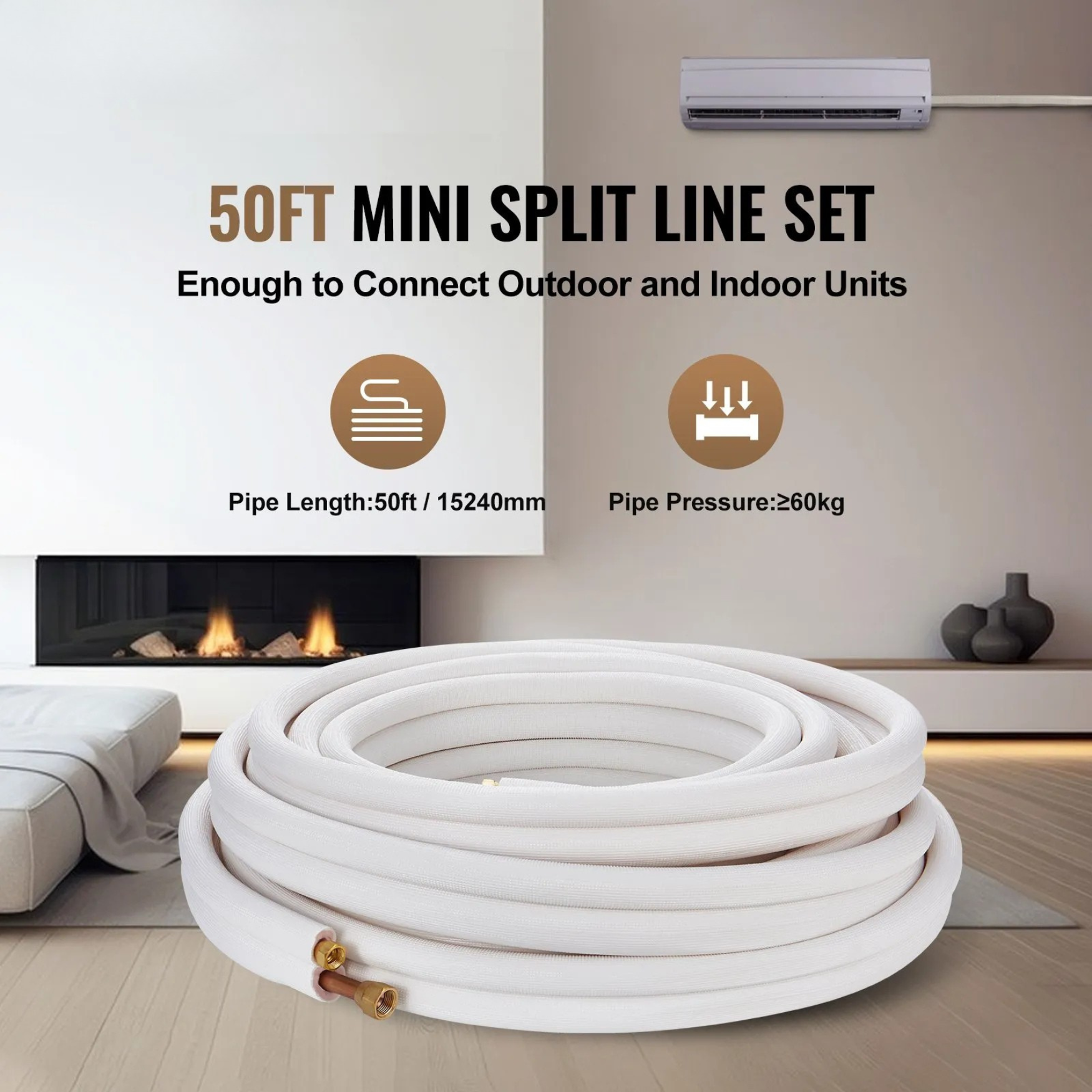 50FT Mini Split Line Set, 1/4" & 1/2" O.D Copper Pipes Tubing and Triple-Layer Insulation 3/8" Thick , for Air Conditioning or Heating Pump Equipment