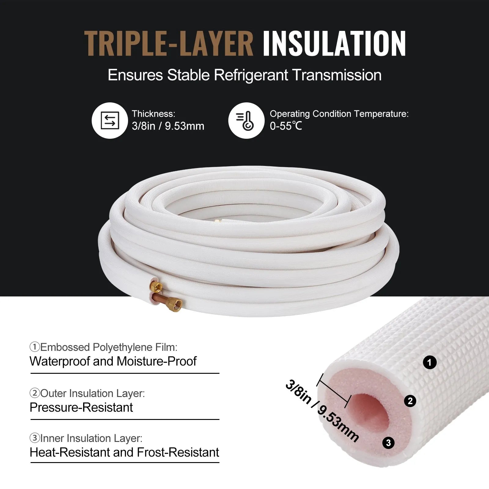 50FT Mini Split Line Set, 1/4" & 1/2" O.D Copper Pipes Tubing and Triple-Layer Insulation 3/8" Thick , for Air Conditioning or Heating Pump Equipment